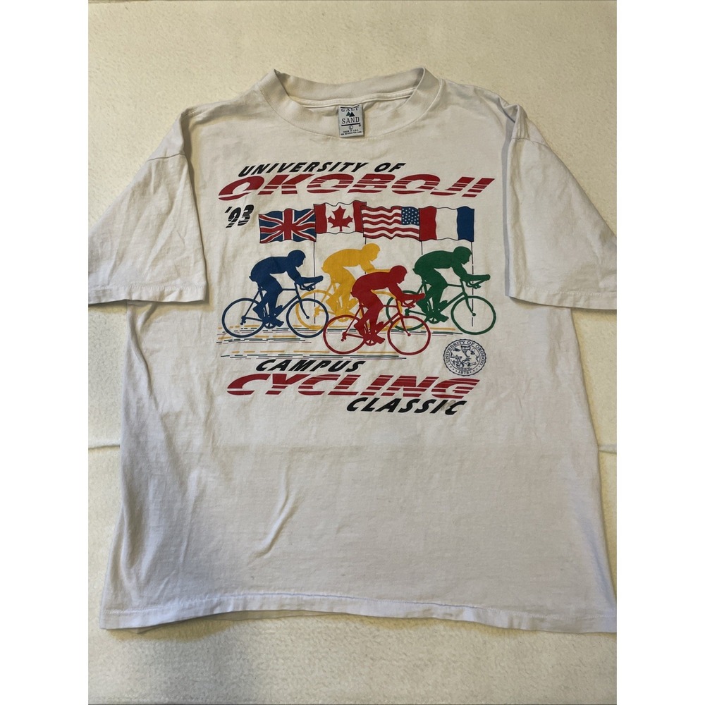 Vintage 90s Cycling T-shirt Size L USA Okoboji University Double Sided Single
